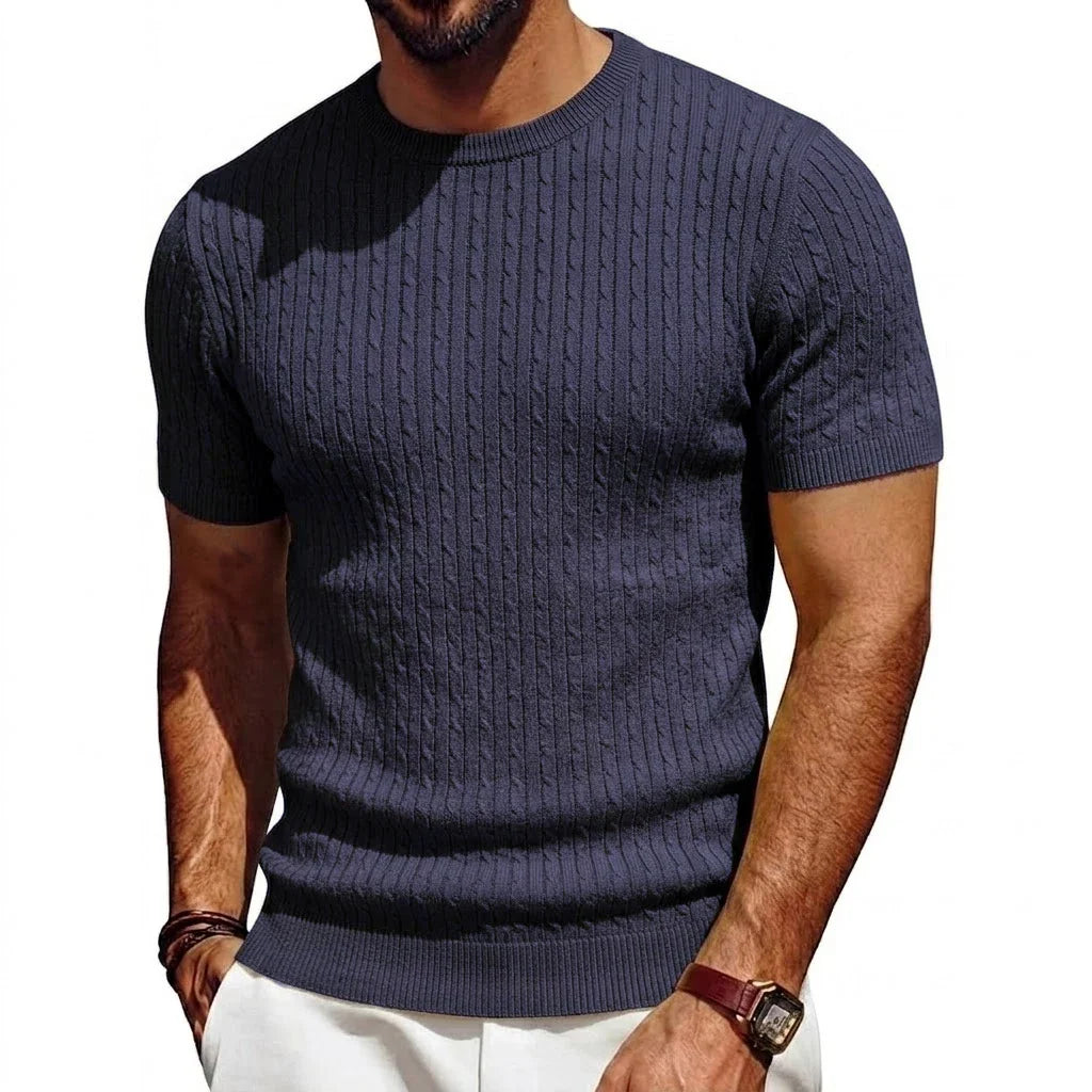 Herren Kurzarm Pullover Rundhals Strick mit Zopfmuster Marineblau