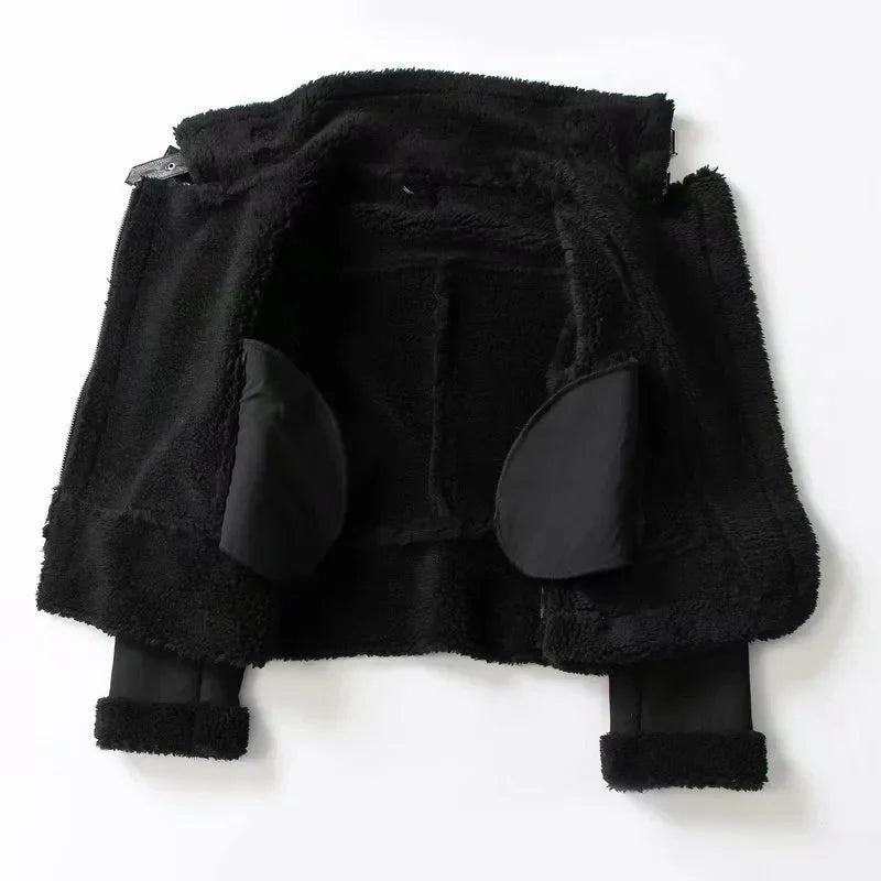 Kurze Bikerjacke mit Reißverschluss und Kunstfellfutter – Damen Fliegerjacke