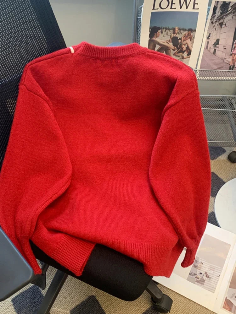 Roter Damen Pullover mit Schleifen-Applikation Rundhals