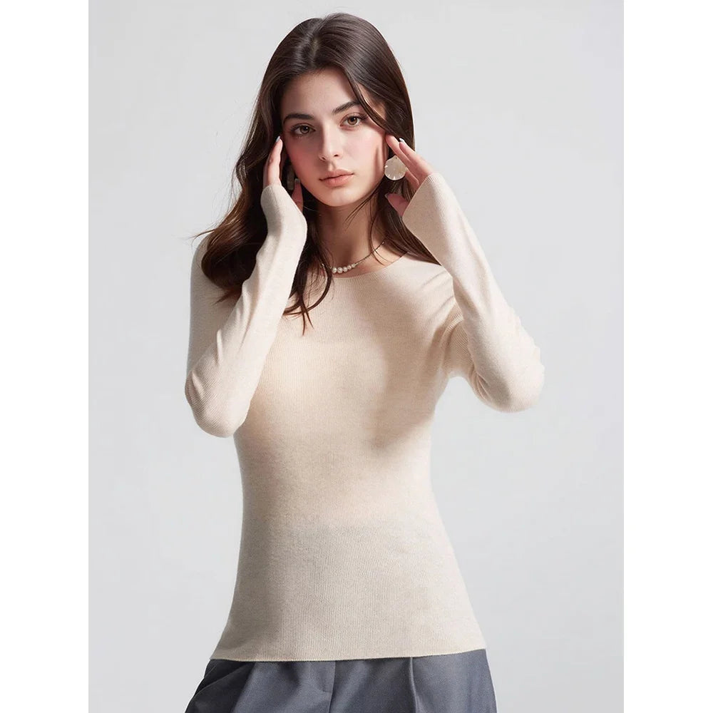 Damen Langarmshirt Rundhals Basic Slim Fit Pullover Gerippt