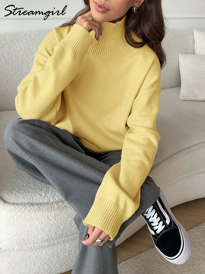 Damen Rollkragenpullover Oversize Strickpullover Lange Ärmel