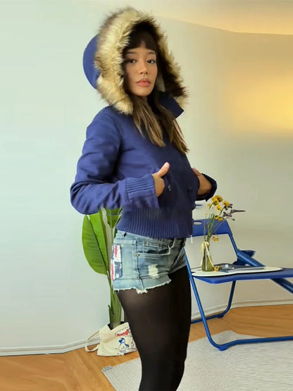 Damen Winterjacke mit Fellkapuze & Rippbündchen