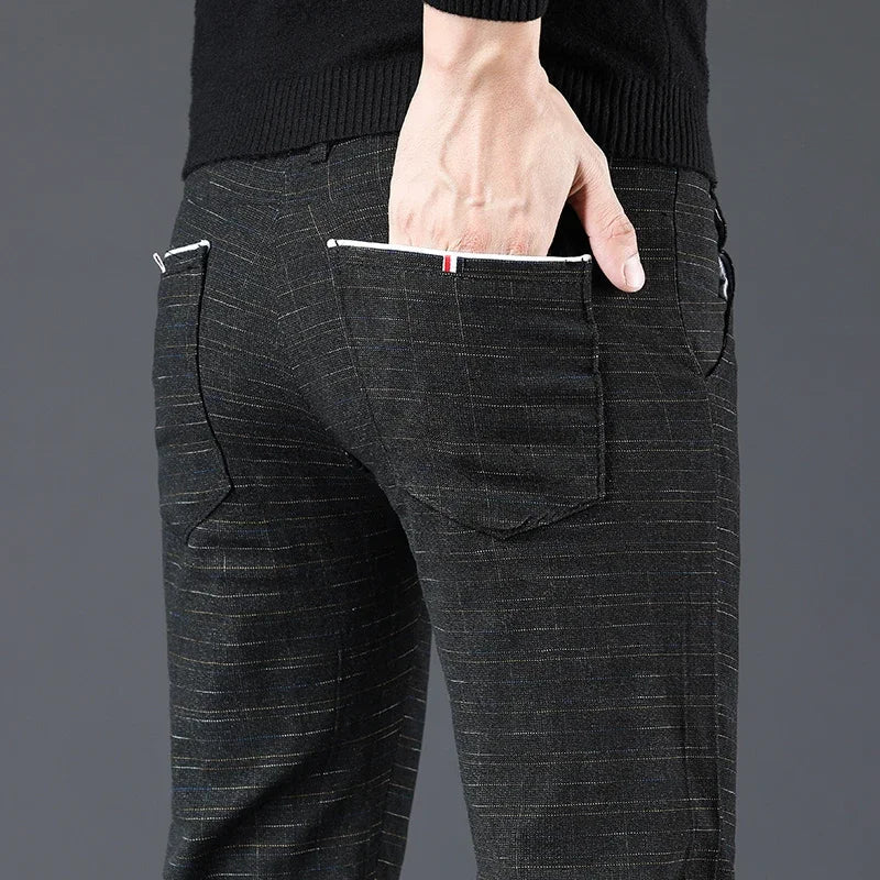 Herren Hose Grau Kariert Slim Fit Stoffhose