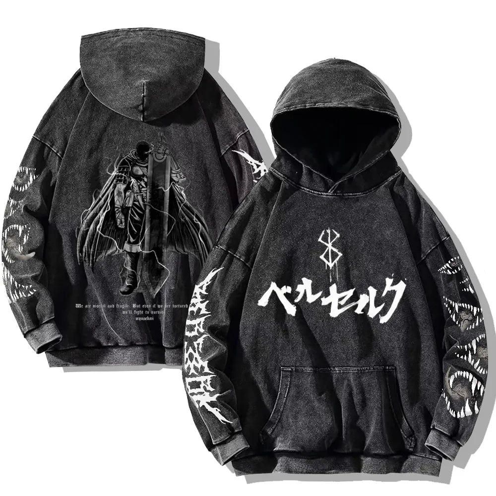 Oversized Kapuzenpullover Dunkelgrau mit Front- und Rückenprint und Ärmelprints