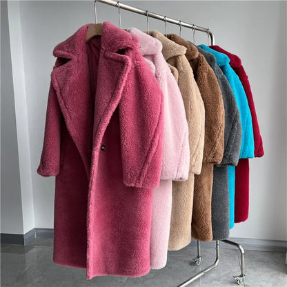 Damen Teddy-Mantel mit Reverskragen Lang Warmer Plüschmantel