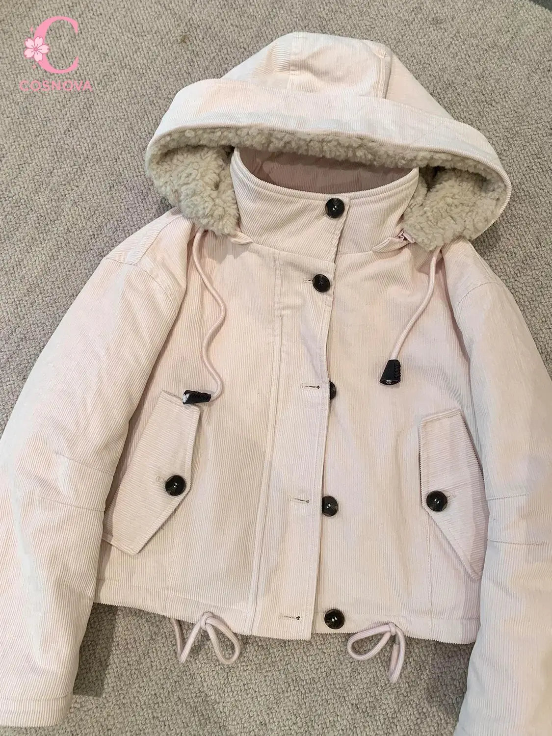 Kurze Damen Cordjacke mit Kapuze und Teddyfutter Rosa