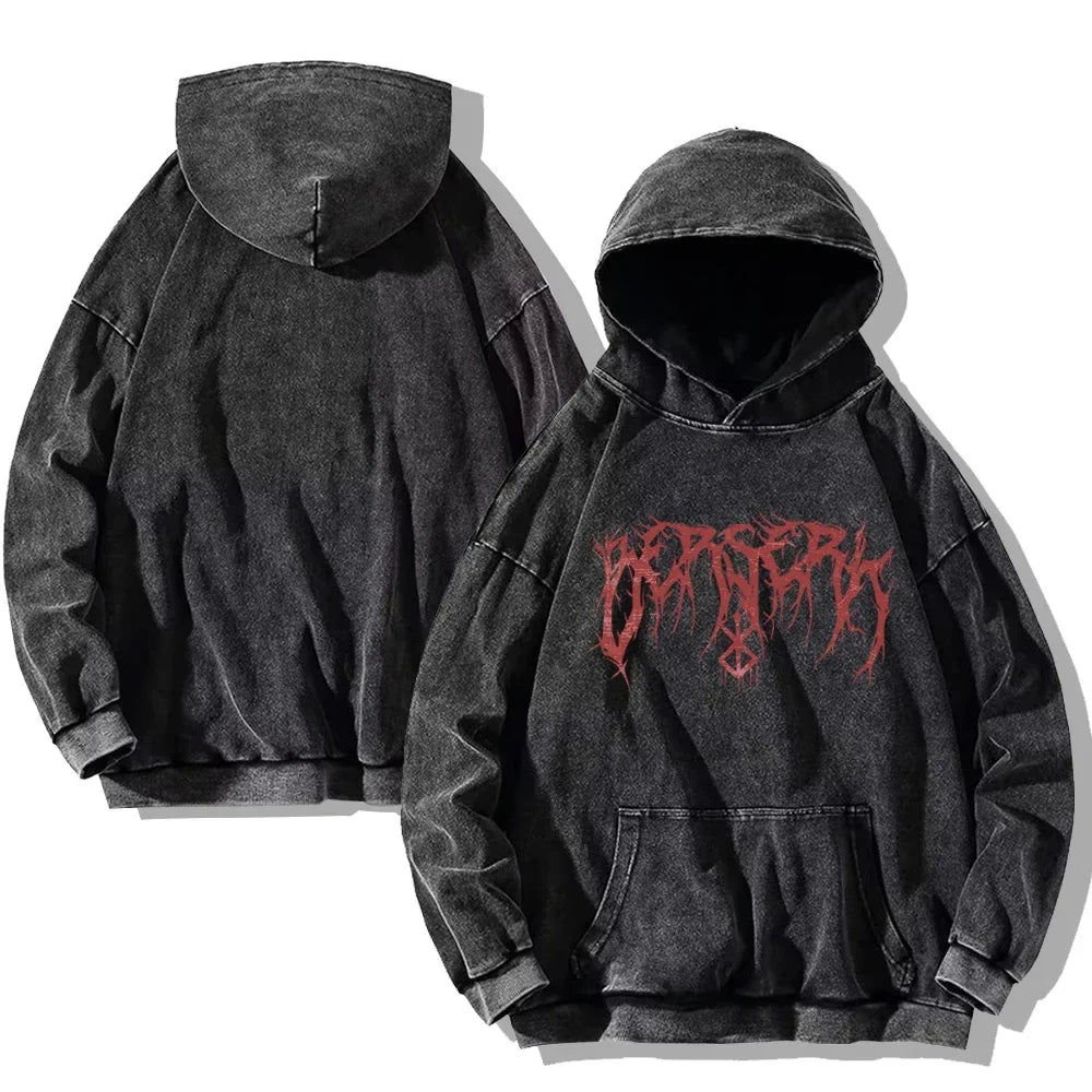 Oversized Kapuzenpullover Dunkelgrau mit Front- und Rückenprint und Ärmelprints