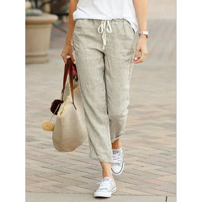 Damen Leinenhose mit Gummibund und Kordelzug, Cropped-Länge