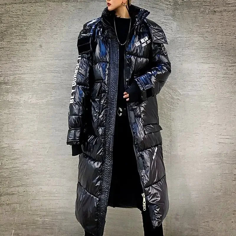 Langer glänzender Steppmantel mit Kapuze für Damen und Herren, Schwarz