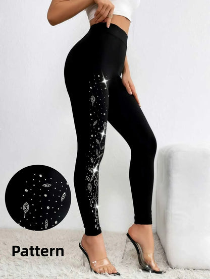 Schwarze Leggings mit Strass-Verzierung, hoher Bund