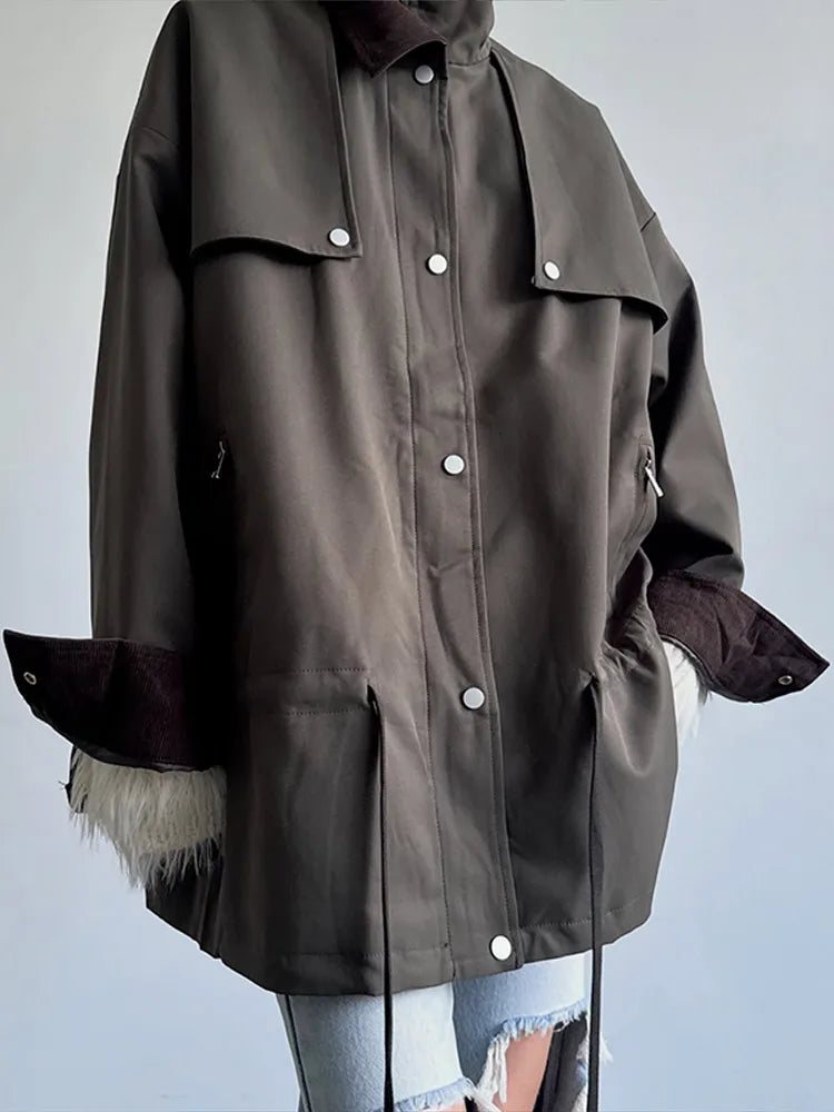 Damen Oversize Jacke mit Kordelzug Trenchcoat Style Khaki