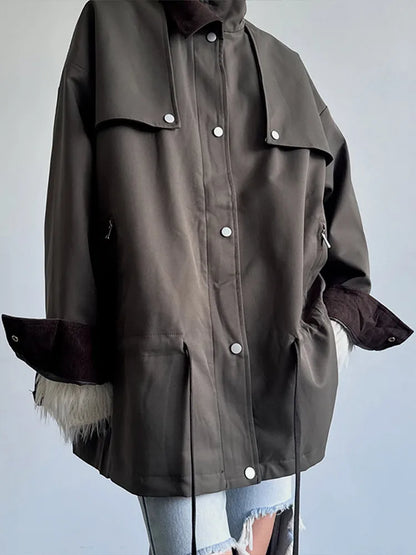 Damen Oversize Jacke mit Kordelzug Trenchcoat Style Khaki