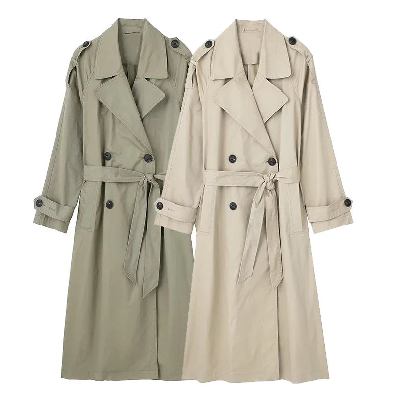 Damen Trenchcoat Lang mit Gürtel Zweireihig Khaki/Grün