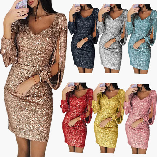 Damen Pailletten-Kleid mit Fransenärmeln – Elegantes Partykleid im Bodycon-Stil für besondere Anlässe