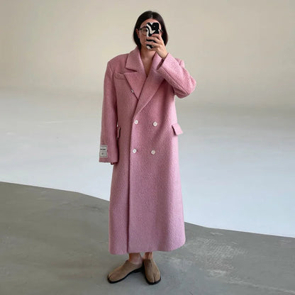 Damen Langer Mantel Doppelreiher mit Reverskragen in Rosa