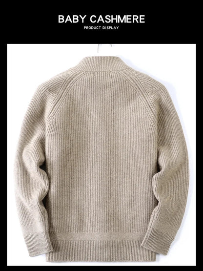 Herren Strickjacke Beige Stehkragen Knopfleiste Rippstrick