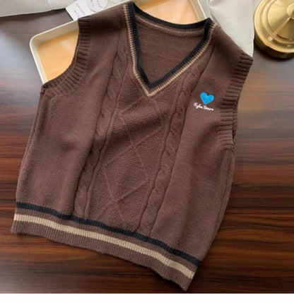 Strick Weste Damen V-Ausschnitt Zopfmuster College-Stil Ärmelloser Pullover