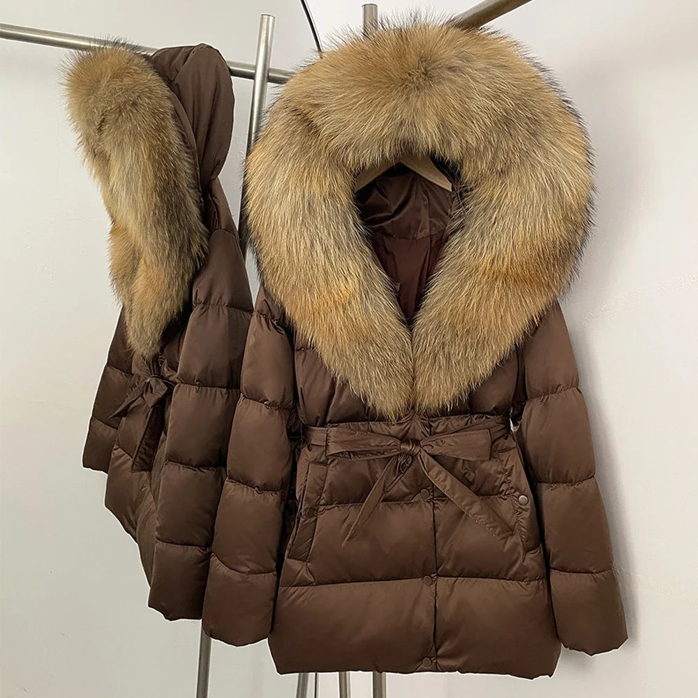 Damen Winter Steppjacke mit Kunstpelzkragen und Gürtel