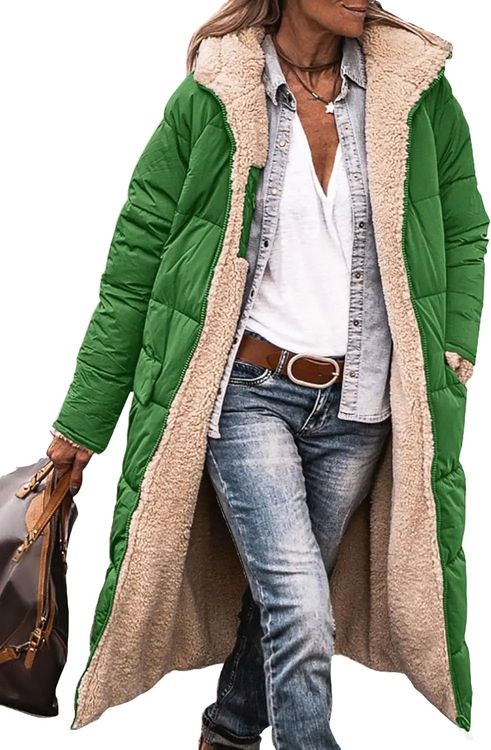 Damen Steppmantel Lang Winter Daunen-Optik mit Teddyfutter Kapuze