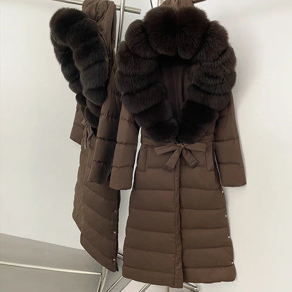 OFTBUY Grote Echte Vos Bontkraag X-Lange Puffer Jas Vrouwen Capuchon Winter Witte Eend Down Jas Dikke Vrouwelijke parka Met Riem