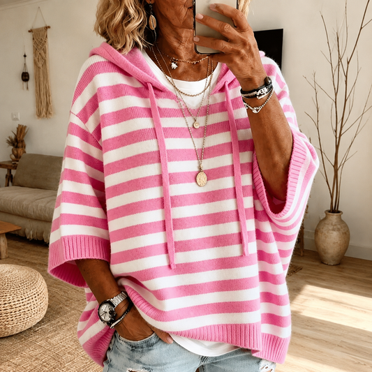 Damen Streifen Strickpullover mit Kapuze, Pink-Weiß Gestreift, Kurzarm