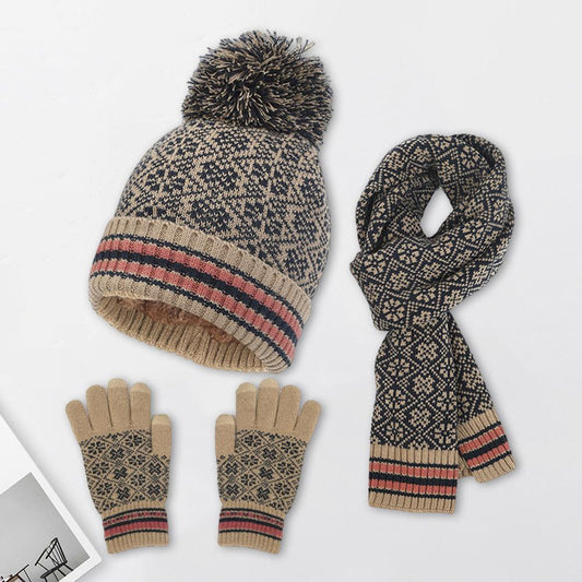 Wintermütze Schal Handschuh Set Unisex mit Bommel & Jacquardmuster