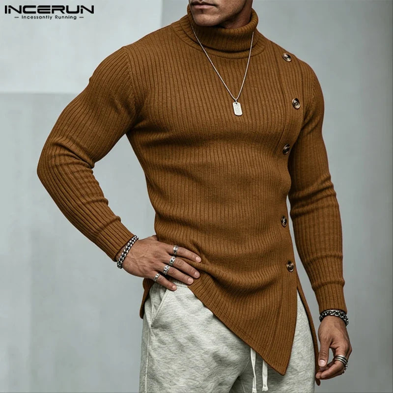Herren Rollkragenpullover Asymmetrischer Saum Knöpfe Langarm Strickpullover