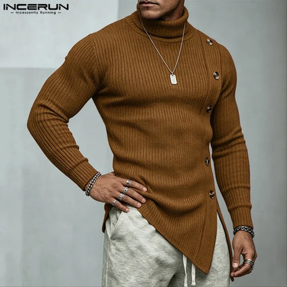 Herren Rollkragenpullover Asymmetrischer Saum Knöpfe Langarm Strickpullover
