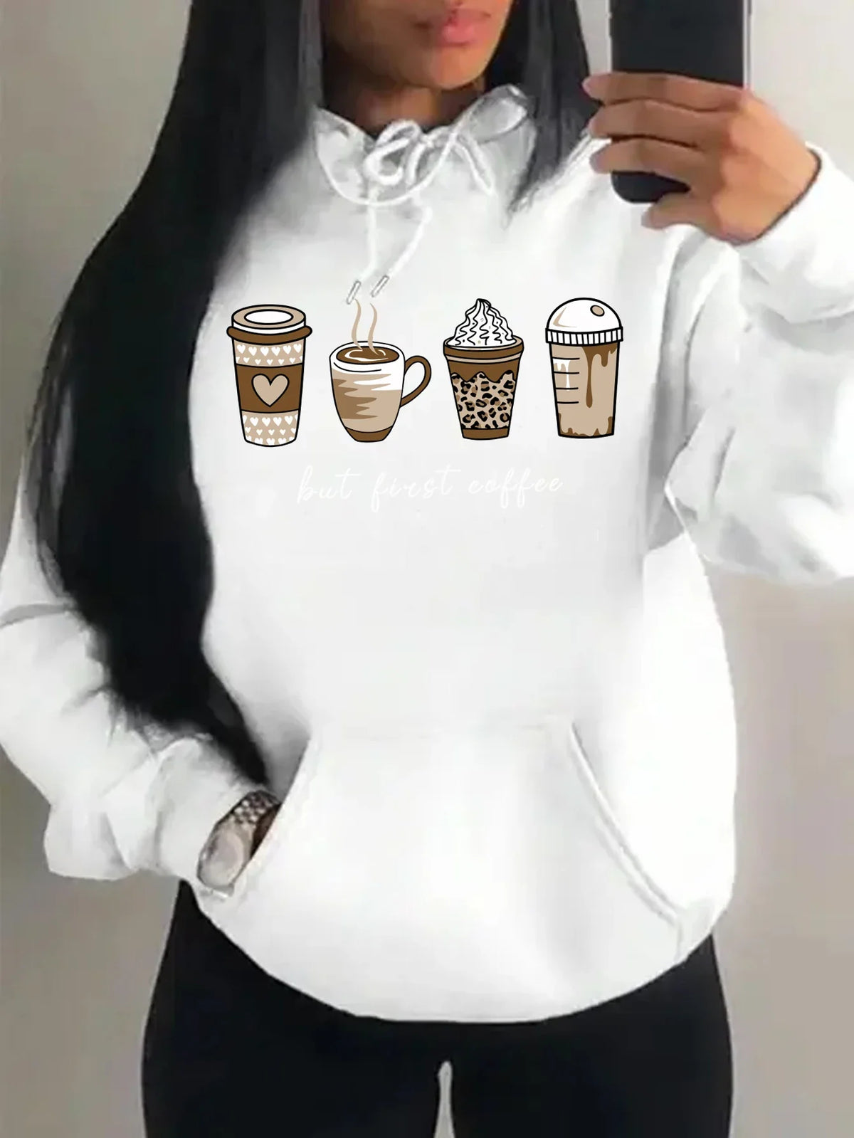 Damen Hoodie "But First Coffee" mit Kaffeetassen-Print Kapuzenpullover