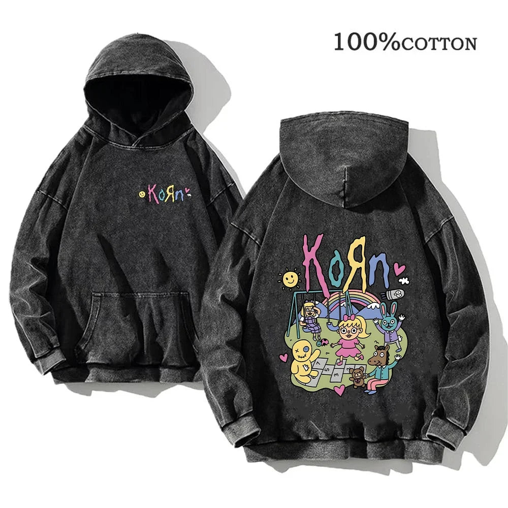 Unisex Kapuzenpullover Grau verwaschen mit Band-Print Vorn & Hinten