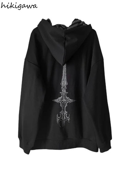 Übergroßer Kapuzenpullover mit Reißverschluss, grafischem Print und gestreiftem Futter, Unisex