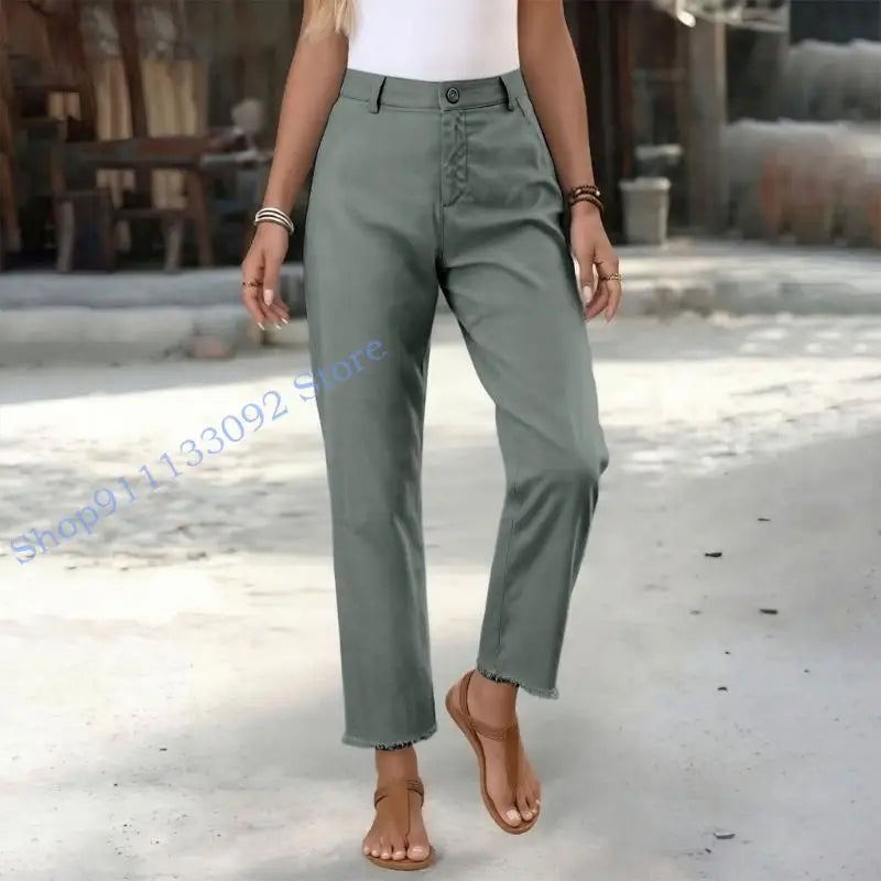 Damen Freizeithose mit hohem Bund und Fransen Saum