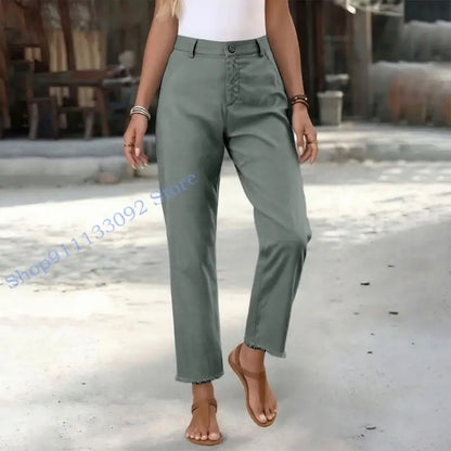 Damen Freizeithose mit hohem Bund und Fransen Saum