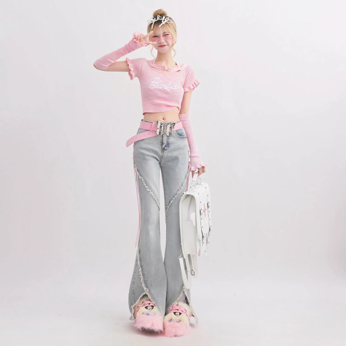Damen Schlaghose Jeans hellblau mit Schnürdetails und weitem Bein