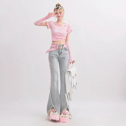 Damen Schlaghose Jeans hellblau mit Schnürdetails und weitem Bein