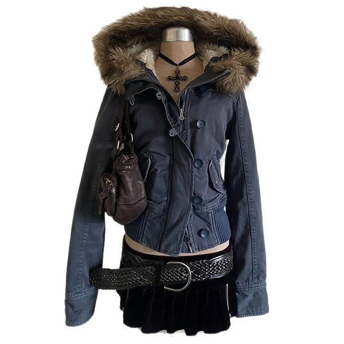 Damen Winterjacke mit Fellkapuze & Rippbündchen