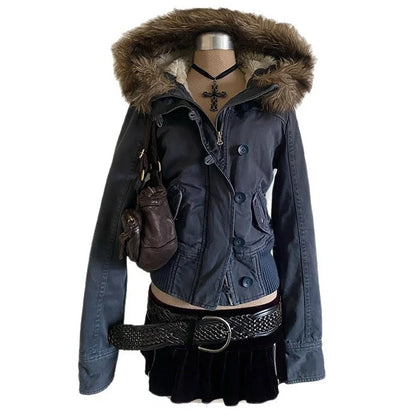 Damen Winterjacke mit Fellkapuze & Rippbündchen