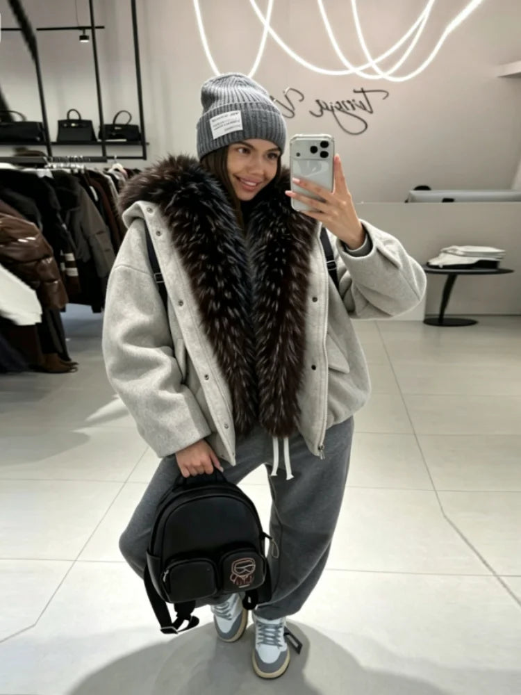 Damen Kurzjacke mit großem Fellkragen Reißverschluss Winter