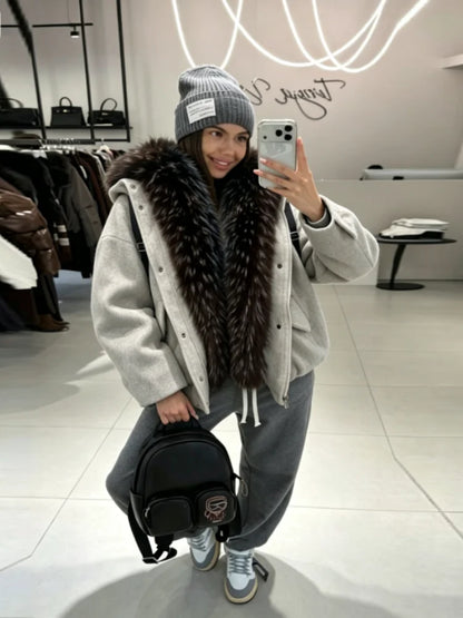 Damen Kurzjacke mit großem Fellkragen Reißverschluss Winter