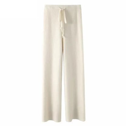Damen Strickhose Weites Bein Hoher Bund mit Kordelzug