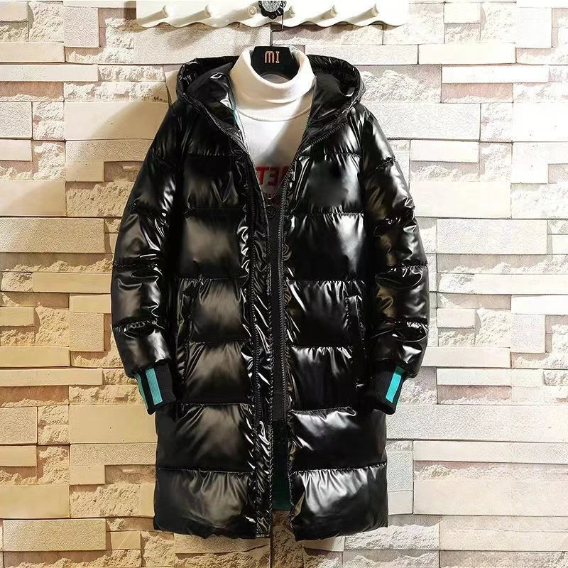Unisex Langer Steppmantel Glänzend mit Kapuze