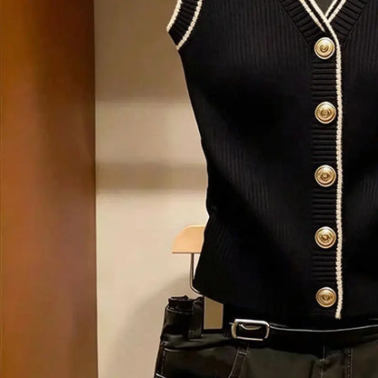 Damen Gerippter Stricktop Ärmellos V-Ausschnitt mit Knopfleiste Schwarz