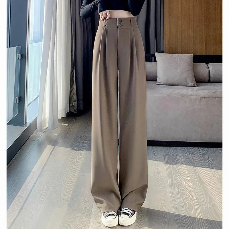 Damen High-Waist Stoffhose mit weitem Bein – Pleat Design
