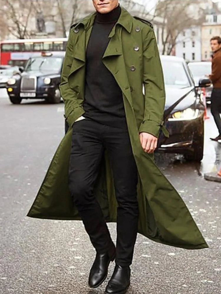 Herren Trenchcoat Lang Zweireiher mit Gürtel, Klassischer Herrenmantel für Frühling & Herbst