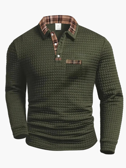 Herren Langarm Freizeit-Poloshirt mit Karodetails – Strukturierter Casual-Look für Alltag & Büro