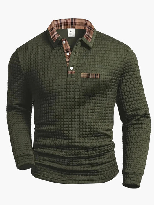 Herren Langarm Freizeit-Poloshirt mit Karodetails – Strukturierter Casual-Look für Alltag & Büro