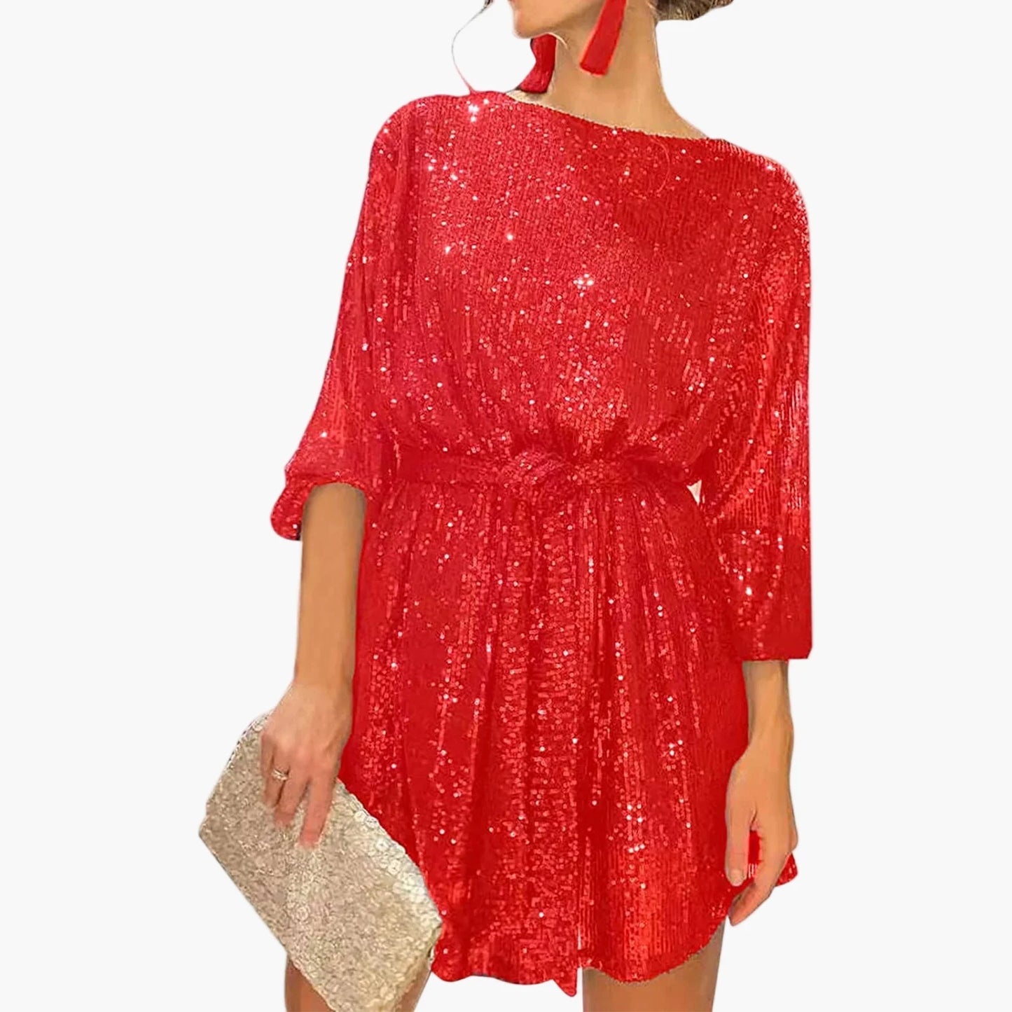 Damen Pailletten Minikleid mit Gürtel – Elegantes Party- und Cocktailkleid