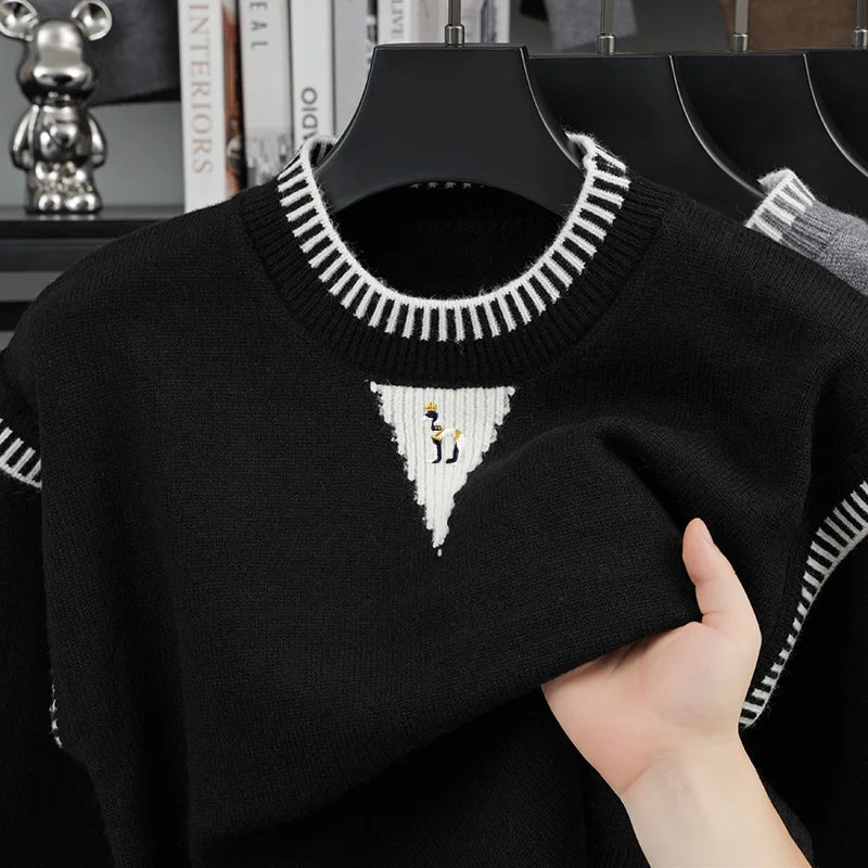 Herren Pullover Strick Rundhals Stickerei Grau Weiß Muster