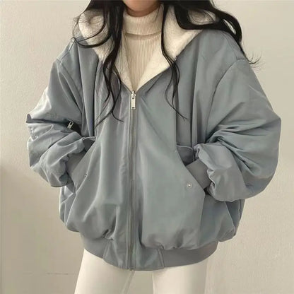 Damen Bomberjacke Wendejacke mit Kapuze Teddyfutter