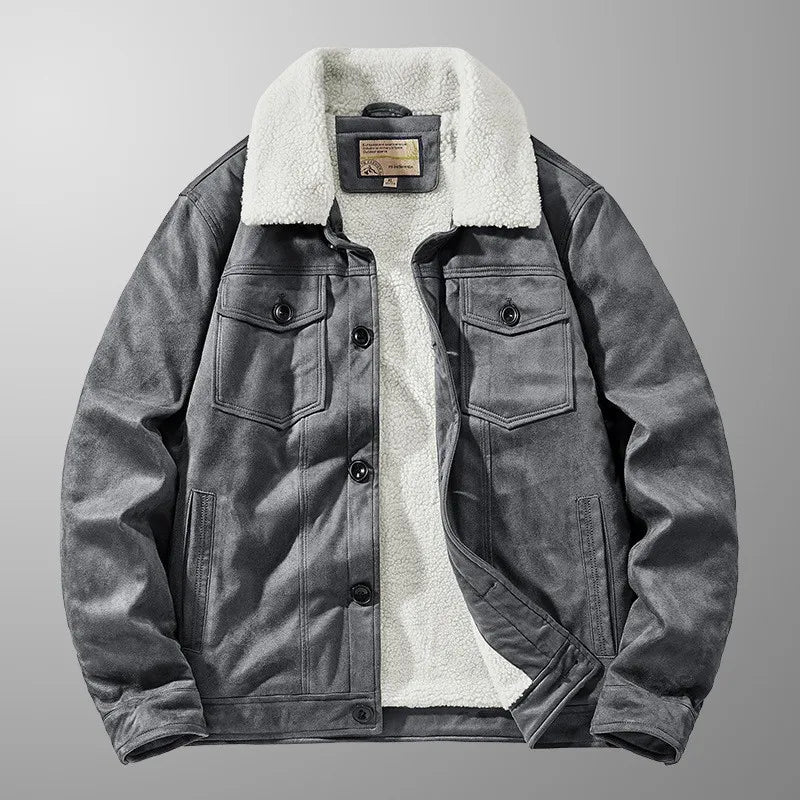 Herren Winterjacke Wildleder-Optik mit Teddyfutter & Sherpa-Kragen, Knopfverschluss